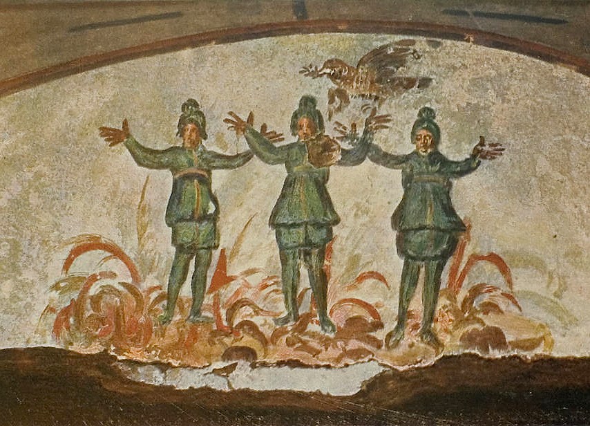 Shadrach, Meshach, and Abednego in the fiery furnace, from the book Die Malereien der Katakomben Roms, plate , levels adjusted